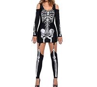 LYSINK Women Halloween Skeleton Costume Cold Shoulder Long Sleeve Scoop Neck Skull Printed Dress Sexy Outfits with Stockings (A-a-Black, L)