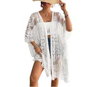 LYSINK Women Lace Cover Up Sexy Lace Floral Bikini Cover Ups Long Sleeves V Neck Cutout Crochet Mini Dress Summer Beachwear (Be White, One Size)