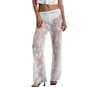 LYSINK Women Lace Flare Pants Hollow Out Sheer Mesh Cover Up High Waist Bell-Bottoms Trousers Gothic Punk Hippie Streetwear (Bd White, L)