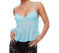 LYSINK Women Lace Trim Spaghetti Strap Cami Tops V Neck Tie Back Crop Tops Sleeveless Backless Tank Tops Streetwear (D-Blue, L)