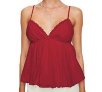 LYSINK Women Lace Trim Spaghetti Strap Cami Tops V Neck Tie Back Crop Tops Sleeveless Backless Tank Tops Streetwear (I-Red, S)