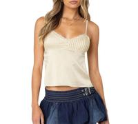 LYSINK Women Lace Trim Spaghetti Strap Cami Tops V Neck Tie Back Crop Tops Sleeveless Backless Tank Tops Streetwear (A-Yellow, S)