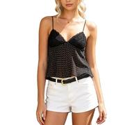 LYSINK Women Lace Trim Spaghetti Strap Cami Tops V Neck Tie Back Crop Tops Sleeveless Backless Tank Tops Streetwear (L1-a-Black, L)