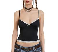 LYSINK Women Lace Trim Spaghetti Strap Cami Tops V Neck Tie Back Crop Tops Sleeveless Backless Tank Tops Streetwear (B-Black, M)