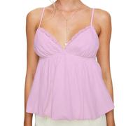 LYSINK Women Lace Trim Spaghetti Strap Cami Tops V Neck Tie Back Crop Tops Sleeveless Backless Tank Tops Streetwear (I-Pink, M)