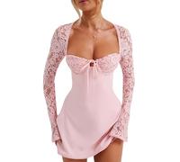LYSINK Women Mini Lace Dress Low-Cut Lace Floral Long Sleeve Backless Lace Up Bodycon A-Line Short Dress Cocktail Streetwear (Bc Pink, S)