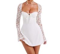 LYSINK Women Mini Lace Dress Low-Cut Lace Floral Long Sleeve Backless Lace Up Bodycon A-Line Short Dress Cocktail Streetwear (Ba White, L)