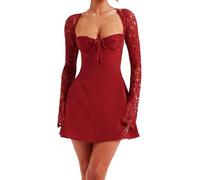 LYSINK Women Mini Lace Dress Low-Cut Lace Floral Long Sleeve Backless Lace Up Bodycon A-Line Short Dress Cocktail Streetwear (Ba Red, L)
