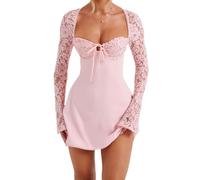 LYSINK Women Mini Lace Dress Low-Cut Lace Floral Long Sleeve Backless Lace Up Bodycon A-Line Short Dress Cocktail Streetwear (Ba Pink, M)