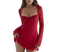 LYSINK Women Mini Lace Dress Low-Cut Lace Floral Long Sleeve Backless Lace Up Bodycon A-Line Short Dress Cocktail Streetwear (Bb Red, XL)