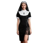 LYSINK Women Nun Costume Slutty Halloween Cosplay the Nun Split Mini Dress with Hat 2 Piece Retro Outfit (Black, S)