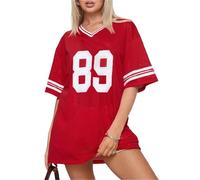 LYSINK Women Oversized Jersey Shirts Y2k Number Graphic T-Shirt Summer Short Sleeve V Neck Loose Streetwear Top (B-a-Red, XL)