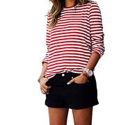 LYSINK Women Red White Striped Color Block Shirts Long Sleeve Round Neck Casual Shirt Fall Loose Going Out Pullovers (A-a-Red, M)