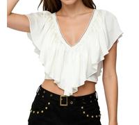 LYSINK Women Ruffled V Neck Crop Top Y2K Short Sleeve Tie Up Open Back Shirt Vintage Boho Blouse Summer Going Out Streetwear (01 White, S)
