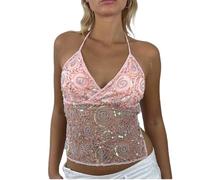 LYSINK Women Sequin Tank Tops Y2K Sexy Spaghetti Strap Sleeveless Tie-Up Halter Neck Cami Top Summer Camisole for Streetwear (Bg Pink, S)