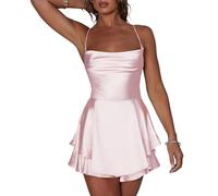 LYSINK Women Sexy A-line Solid Color Backless Satin Short Dress Summer Cowl Neck Sleeveless Spaghetti Strape Tiered Mini Dress Jumpsuits (Ba Pink, S)