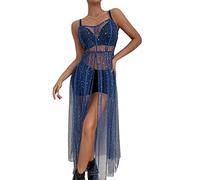 LYSINK Women Sexy See Through Pearl Rhinestone Cover Up Dress Bikini Long Sleeve Bathing Suit Coverups Swimwear Beach Dress (Ba Blue, XL)