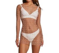 LYSINK Women Sexy See Through Pearl Rhinestone Cover Up Dress Bikini Long Sleeve Bathing Suit Coverups Swimwear Beach Dress (Bb Coffee, XL)