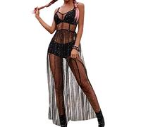 LYSINK Women Sexy See Through Pearl Rhinestone Cover Up Dress Bikini Long Sleeve Bathing Suit Coverups Swimwear Beach Dress (Ba Black, XL)