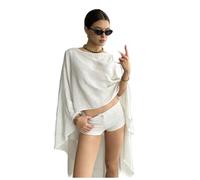 LYSINK Women Sheer Long Poncho Shawls Solid Chiffon Boat Neck Capes Irregular High Low Coverup Tops for Summer (03 White, ONE SIZE)