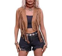 LYSINK Women Sleeveless Tassel Vest Open Front Western Cowgirl Fringe Waistcoat Jacket 70s Hippie Outfit (06Camel, S)