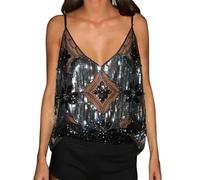 LYSINK Women Spaghetti Strap Cami Top Y2K Sequin Cami Top Sexy Pearl Embellished Halter Tank Tops Summer Backless Camisole (Bd Black, ONE Size)