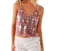 LYSINK Women Spaghetti Strap Cami Top Y2K Sequin Cami Top Sexy Pearl Embellished Halter Tank Tops Summer Backless Camisole (Bd Pink, ONE Size)