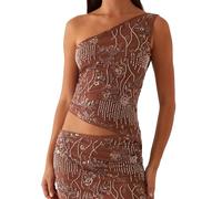 LYSINK Women Spaghetti Strap Cami Top Y2K Sequin Cami Top Sexy Pearl Embellished Halter Tank Tops Summer Backless Camisole (Bc Chocolate, L)