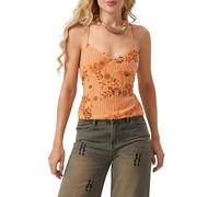 LYSINK Women Spaghetti Strap Cami Top Y2K Sequin Cami Top Sexy Pearl Embellished Halter Tank Tops Summer Backless Camisole (Ba Orange, L)