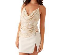 LYSINK Women Spaghetti Strap Cami Top Y2K Sequin Cami Top Sexy Pearl Embellished Halter Tank Tops Summer Backless Camisole (Be Khaki, M)