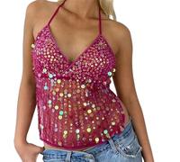LYSINK Women Spaghetti Strap Cami Top Y2K Sequin Cami Top Sexy Pearl Embellished Halter Tank Tops Summer Backless Camisole (Bb Rose Red, S)