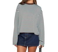 LYSINK Women Striped Color Block Shirts Y2k Round Neck Casual Tops Summer Fall Loose Going Out Pullovers Streetwear (H-a-Chocolate, XS)