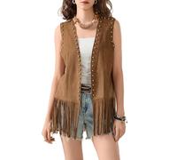 LYSINK Women Summer Cowgirl Tassel Waistcoat Suede Rivets Sleeveless Fringed Jacket 70s Western Hippie Country Vest (G-Light Brown, S)