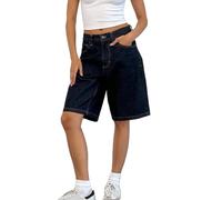 LYSINK Women Summer Denim Shorts Low Rise Wide Leg Knee Length Baggy Jean Bermuda Shorts with Pockets Casual Jorts (07Indigo, 2XL)