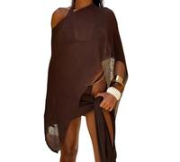 LYSINK Women Summer Knit Sheer Poncho Solid Irregular Off Shoulder Loose Pullover Hollowed Beach Swimsuit Cover Up Tops (03 Dark Brown, One Size)