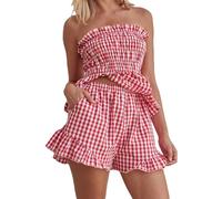 LYSINK Women Summer Sexy 2 Piece Outfits Stripe Print Ruched Strapless Bandeau Tube Top Loose Shorts Sets Streetwear (B-a-Red, M)