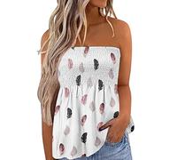 LYSINK Women Summer Tube Tops Sleeveless Strapless Pleated Stretch Tops Casual Flowy Off The Shoulder Going Out Blouses (Bd Pink Feather, L)