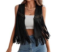 LYSINK Women Tassel Vest 70s Hippie Cowgirl Western Faux Suede Rivets Sleeveless Fringe Waistcoat Streetwear Outerwear (Bk Black, L)