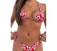 LYSINK Women Two Piece Bikini Swimsuit Solid Color Pleated Halter Bra Triangle Shorts Briefs Bikini Sets (Bd Red, M)