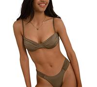 LYSINK Women Two Piece Bikini Swimsuit Solid Color Pleated Halter Bra Triangle Shorts Briefs Bikini Sets (Ba Coffee, L)