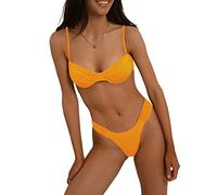 LYSINK Women Two Piece Bikini Swimsuit Solid Color Pleated Halter Bra Triangle Shorts Briefs Bikini Sets (Ba Apricot, M)