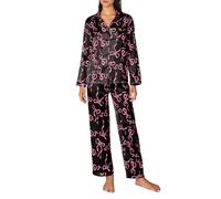 LYSINK Women Valentine's Day Pajama Set Satin Silk Sleepwear Print Long Sleeve Button Shirt Tops with Trousers 2 Piece Loungewear (Bd Black, L)