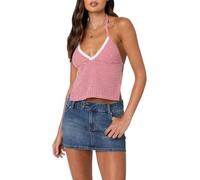 LYSINK Women Y2k Gingham Crop Camisole Lace Trim Tie Straps Backless Cami Tops Summer Plaid Going Out Tank Top Streetwear (B-a-Red, S)