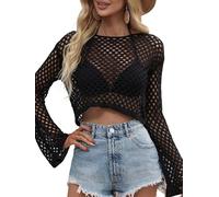 LYSINK Women Y2k Hollow Out Crochet Cover-Up Long Sleeve Solid Color Knit Crop Tops Fall Loose Pullover Sweater (B-a-Black, M)