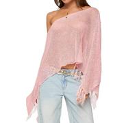 LYSINK Women Y2k Hollow Out Crochet Cover-Up Long Sleeve Solid Color Knit Crop Tops Fall Loose Pullover Sweater (C-a-Pink, S)