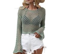 LYSINK Women Y2k Hollow Out Crochet Cover-Up Long Sleeve Solid Color Knit Crop Tops Fall Loose Pullover Sweater (B-Green, L)