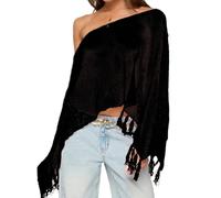 LYSINK Women Y2k Hollow Out Crochet Cover-Up Long Sleeve Solid Color Knit Crop Tops Fall Loose Pullover Sweater (C-Black, L)