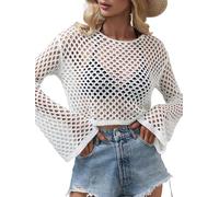 LYSINK Women Y2k Hollow Out Crochet Cover-Up Long Sleeve Solid Color Knit Crop Tops Fall Loose Pullover Sweater (B-White, M)
