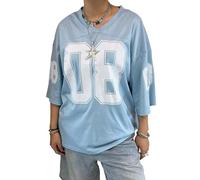 LYSINK Women Y2k Oversized Jersey Shirts V-Neck Half Sleeve Number Graphic Shirts Summer Casual Jersey Streetwear Tops (16blue 08, M)