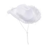 LYSINK Women's Cowboy Hat Felt Fluffy Feather Trim Cowgirl Hat Wide Brim Fancy Dress Cowgirl Hats for Fancy Dress Ladies Girls Headwear (Ba White 2, ONE SIZE)